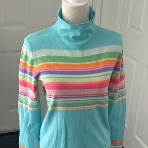 Jones New York Blue Striped Mock Neck Sweater Petite Small Lightweight Knit